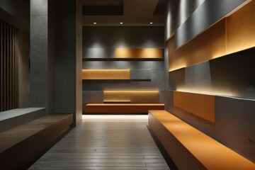 Futuristic interior with layered wall textures in charcoal and amber hues controlled ambient side lighting and realistic reflections on