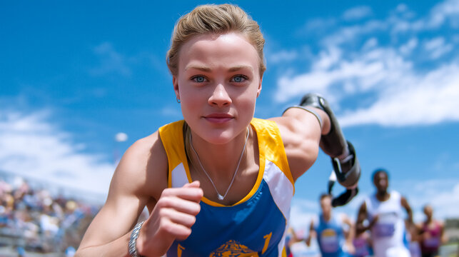 Athlete with prosthetic leg sprints vigorously on track, showcasing strength and determination