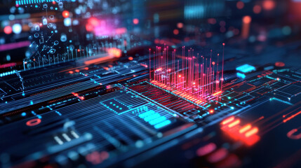 Fototapeta premium Vibrant digital circuit board showcasing fiber optic data transmission with glowing signals and intricate patterns