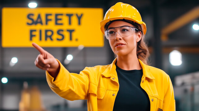 Woman wearing yellow safety helmet and glasses gestures confidently in industrial environment. Bright yellow sign emphasizes safety first