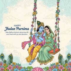 Fototapeta premium Lord krishna and radha swinging on a decorated swing during jhulan purnima festival