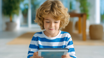 Young boy interacts happily with a tablet while sitting inside a bright and airy room. Relaxing environment features sunlight and comfortable decor. Concept of education, technology, family bonding