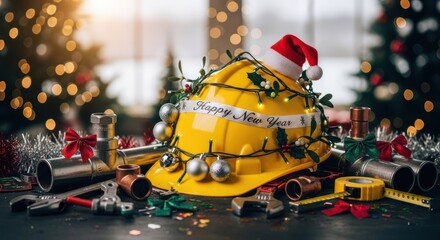 Festive hardhat w/ lights, Santa hat, & pipes