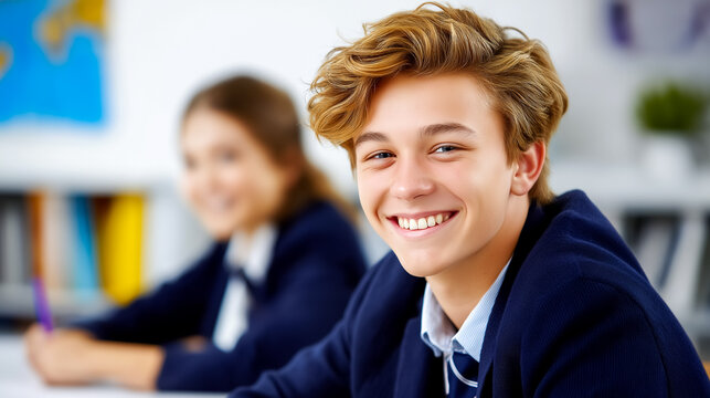 Boy looking at camera with bright smile in classroom setting filled with educational materials. Classmates engaged in learning activities promoting collaboration and inspiration