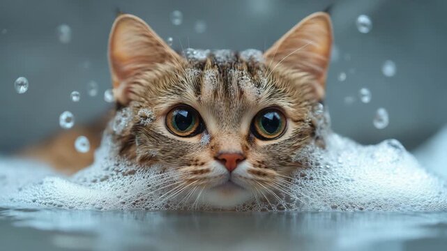 A fluffy cat playfully interacts with bubbling water, surrounded by light gray tiles. The cat's curious eyes watch as water droplets dance around, creating a whimsical atmosphere