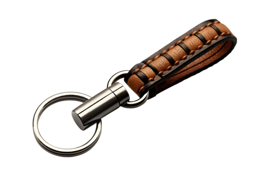 a-brown-leather-key-chain-with-a-silver-clasp-isolated-on-white-background, png, ai generated. - Powered by Adobe