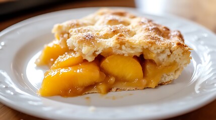 A slice of peach pie with a golden, flaky crust served on a white plate