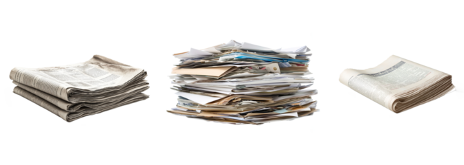 A collection of stacks of torn paper and new newspapers isolated on a transparent background. PNG