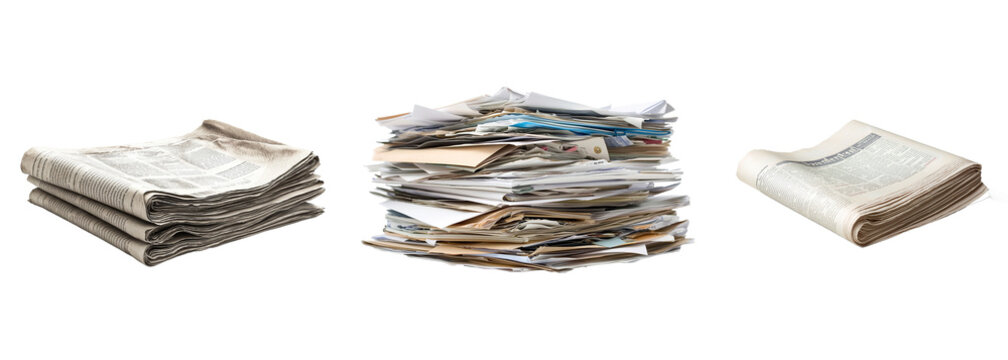 A collection of stacks of torn paper and new newspapers isolated on a transparent background. PNG