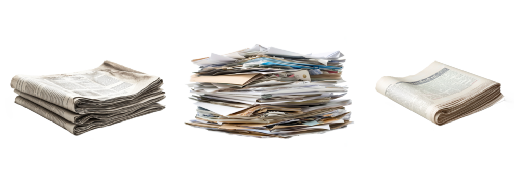 A collection of stacks of torn paper and new newspapers isolated on a transparent background. PNG