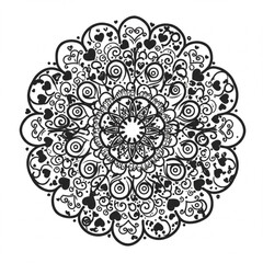 Intricate black and white mandala design with heart motifs