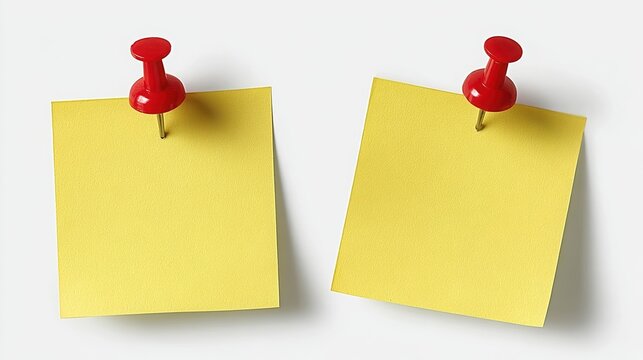Two blank yellow paper notes are secured to a clean white background with vibrant red pushpins