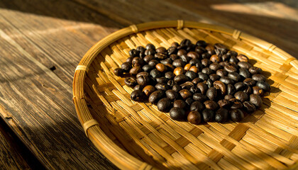 Aromatic roasted coffee beans scattered on traditional Asian bamboo woven tray with warm tones and subtle smoky freshness
