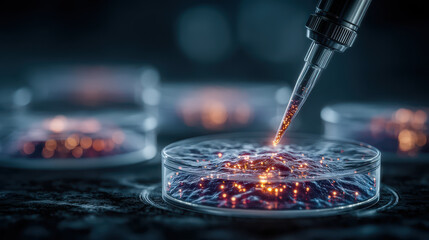 Futuristic regenerative medicine lab where scientists innovate with 3D bioprinting of organs and glowing stem cells