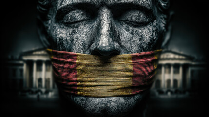 Citizen stands silent before government buildings, symbolizing censorship under authoritarian rule