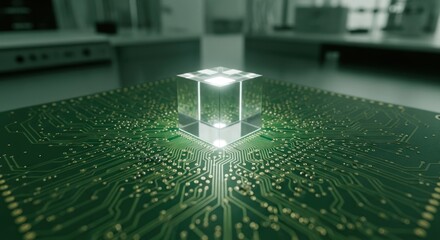 Glowing cube atop a circuit board, laboratory setting