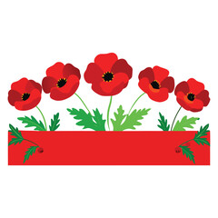 A beautiful floral border of red poppies on a white background with green leaves