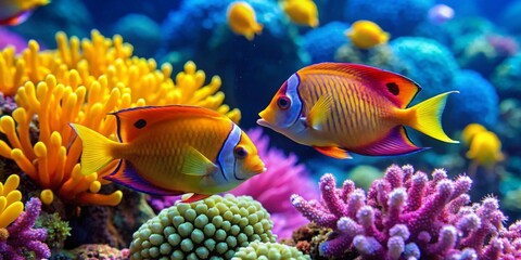 Vibrant Reef Inhabitants Two Exquisitely Colored Fish Gracefully Swim Amidst a Lush Coral Garden, Displaying a Symphony of Underwater Beauty