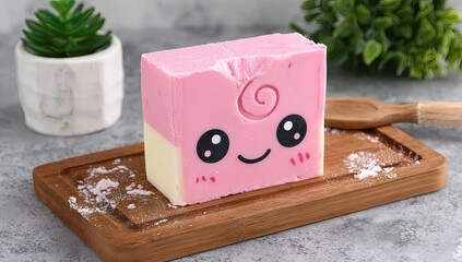 Pink and white decorative soap bar with kawaii face.