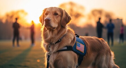Golden retriever service dog, sunset lit