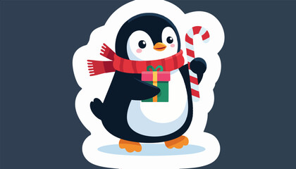 Obraz premium Penguin Holding Present and Candy Cane – Christmas Sticker vector 