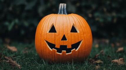 Pastel Halloween theme idea. Smiling jack-o'-lantern on grass for Halloween celebration.