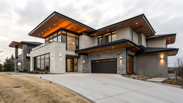 A modern house with a geometric design stands out with its striking architecture and luxurious exterior