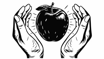 Hand-drawn vector illustration of a woman holding a fresh, ripe red apple and green tomato, emphasizing healthy organic fruit for a nutritious diet