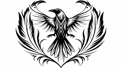 Black and white vector illustration of an eagle with tribal wing design, floral elements, and grunge patterns for a unique tattoo art decoration