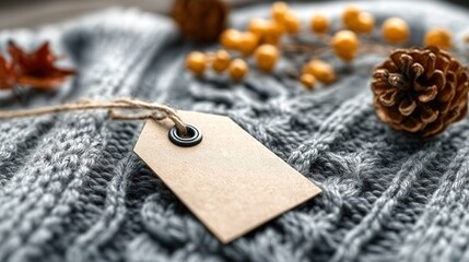 Blank kraft tag on knitted gray sweater with autumnal decor, ideal for product branding, packaging design, and seasonal promotions. Minimalist style featuring natural textures, warm tones, and rustic 