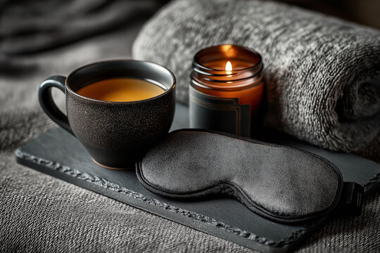 Cozy evening relaxation with a warm drink and eye mask