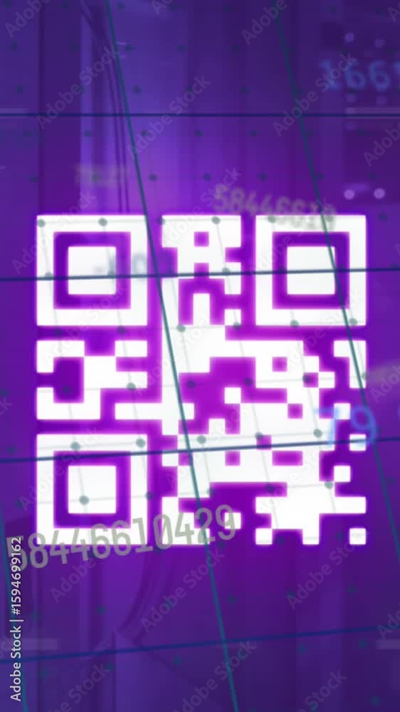 Poster animation of changing numbers over neon qr code and data processing against computer server room