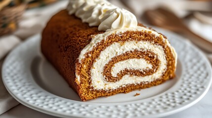 Delicious Pumpkin Roll Cake with Cream Cheese Filling Served on a White Plate