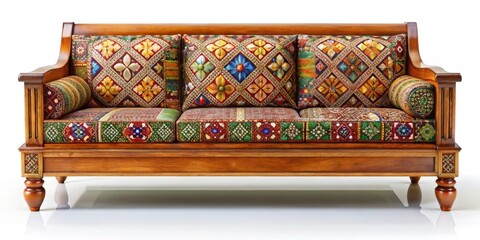 Ornate Wooden Sofa with Vibrant Patchwork Cushions and Intricate Embroidered Details