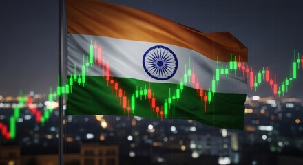 India flag overlayed on stock market graph at night
