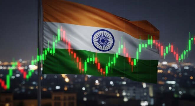 India flag overlayed on stock market graph at night