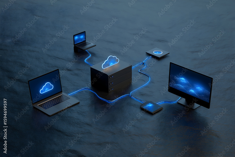 Poster digital devices connected to a centralized cloud server, illustrating cloud computing and data shari