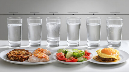 Glasses of water with different meals and labeled dates on white background. concept of water content or quality