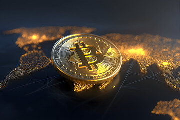 A glowing Bitcoin coin hovers over a digital world map with illuminated regions symbolizing global cryptocurrency connectivity.