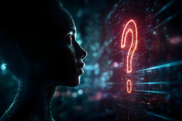 A digital human silhouette faces a glowing red question mark, symbolizing AI, inquiry, and futuristic technology in a dark, data-filled environment.