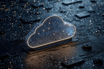 A glowing cloud icon symbolizing cloud computing hovers over a dark, detailed circuit board with sparkling data particles.