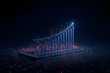 A futuristic 3D bar graph rising from a digital platform with glowing data points and a trend line against a dark, tech-inspired background.