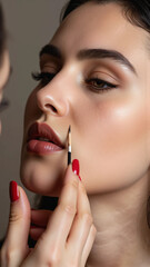 Fototapeta premium Close-up of a woman applying red lipstick with a precision brush, featuring smooth radiant skin, soft glam eye makeup, and minimal white background for luxury beauty campaigns