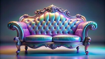 A Luxurious Iridescent Two-Seater Sofa with Ornate Carvings and Button-Tufting in a Vibrant Chromatic Display