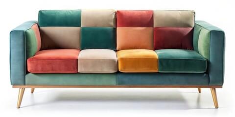 Multicolored Patchwork Velvet Sofa with Modern Design and Golden Legs