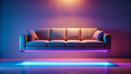 Futuristic Relaxation A Levitating Sofa Underneath Vibrant Neon Lighting in a Modern Room