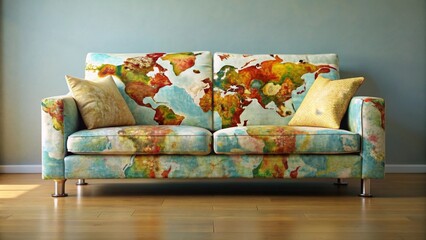 A Colorful World Map Upholstered Sofa with Decorative Throw Pillows in a Modern Living Room