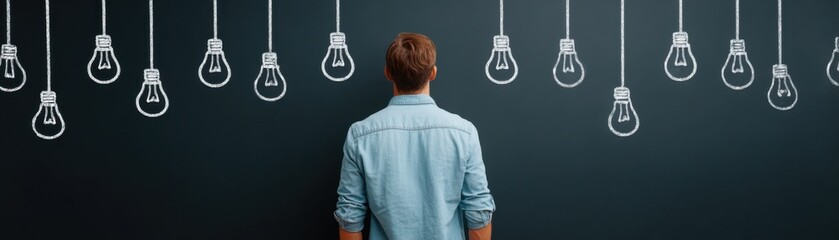 Discovering Innovative Ideas Man Contemplating Light Bulbs on Dark Wall Creative Workspace Inspirational Viewpoint