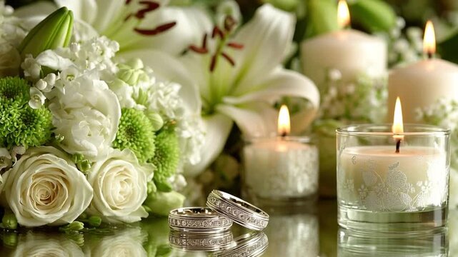 Wedding rings, burning candles and white flowers bouquet composition