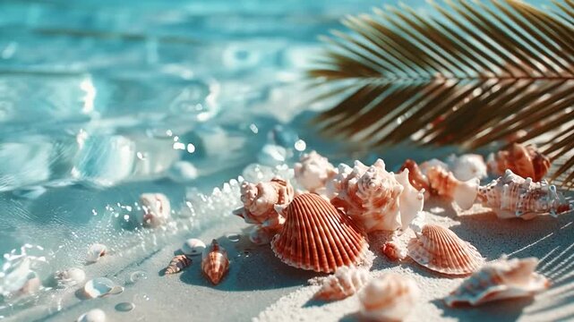 Tropical seashells gently washed by crystal clear turquoise water
